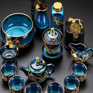 Gold-Inlaid Jade Dragon & Phoenix High-End Tea Set